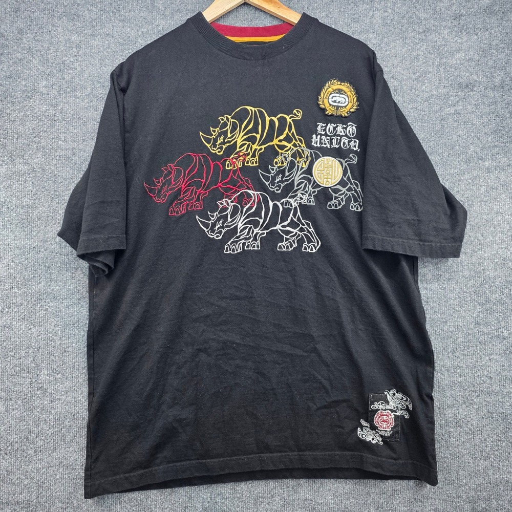 Ecko Unltd Mens Black Embroidered Rhino Graphic T-Shirt XL Streetwear Y2K Cotton